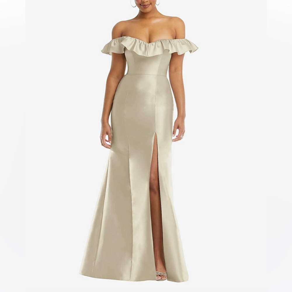 ALFRED SUNG Off the Shoulder Ruffle Neck Satin Twill Trumpet Gown D836 CHAMPAGNE